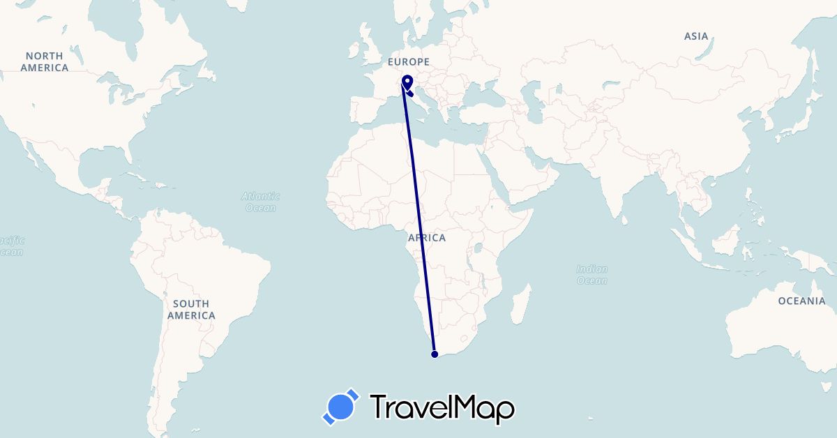 TravelMap itinerary: driving, plane in Switzerland, Italy, South Africa (Africa, Europe)